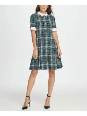 DKNY Green Plaid Midi Dress with White Collar